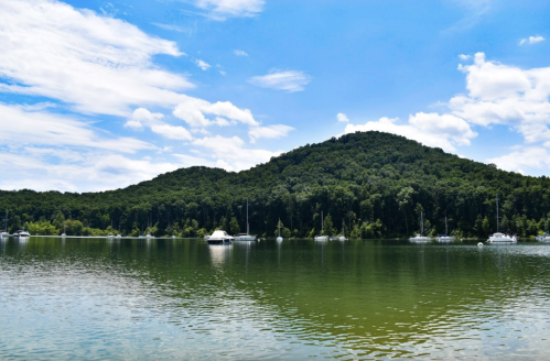 A serene lake surrounded by lush green hills under a bright blue sky, with sailboats gently floating on the water.