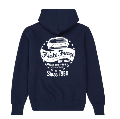 Navy hoodie featuring a retro graphic of a burger and text "Frisko Freeze" with a phone number and "Since 1950."