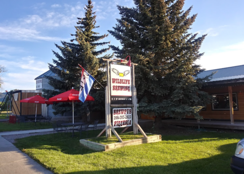 Sign for Wildlife Brewing with outdoor seating and trees in the background on a sunny day.