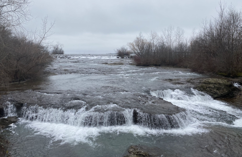 A serene river scene with gentle waterfalls, surrounded by bare trees under a cloudy sky.