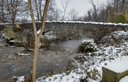 A snowy landscape featuring a stone bridge over a flowing creek, surrounded by bare trees and winter vegetation.