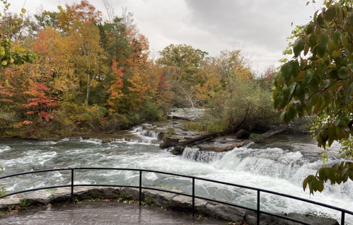 A scenic view of a river with cascading waterfalls, surrounded by vibrant autumn foliage and a cloudy sky.