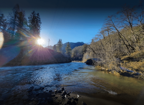A serene river flows through a wooded landscape, with sunlight shining through trees on a clear day.