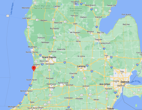 Map of Michigan highlighting the area around South Haven, near Lake Michigan, with nearby cities marked.