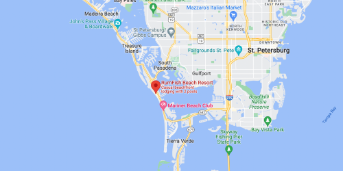 Map of St. Petersburg, Florida, highlighting RumFish Beach Resort and Mariner Beach Club near the coastline.