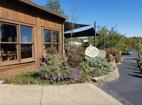 A wooden building with large windows, surrounded by colorful flowers and greenery, on a sunny day.