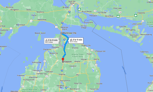 Map showing routes from Mackinaw City to Gaylord, Michigan, with distances and estimated travel times.