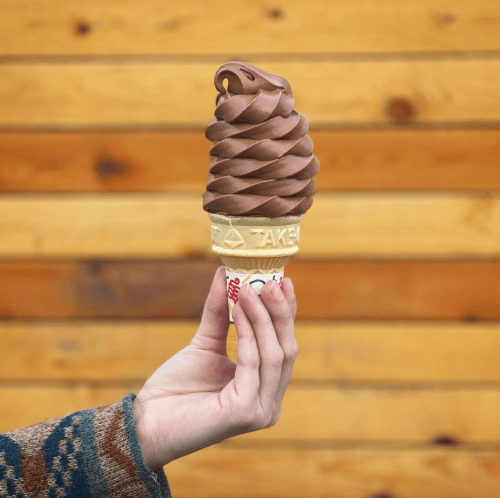 A hand holds a chocolate soft serve ice cream cone with a twisted swirl, set against a wooden background.