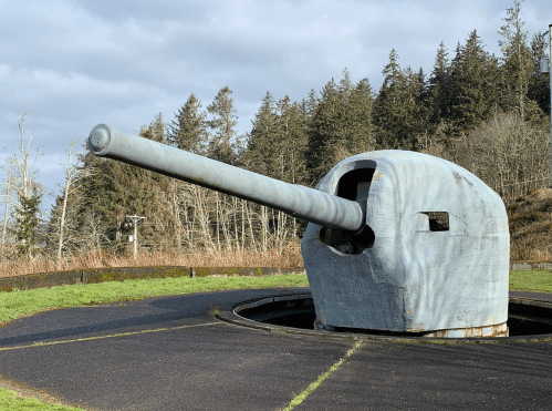 A large, gray artillery gun mounted on a circular base, surrounded by trees and open grassland.