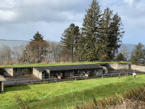Abandoned concrete structure on a grassy hillside overlooking a body of water, surrounded by trees.