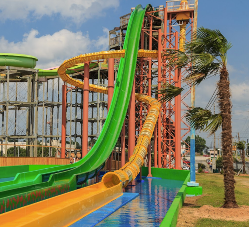 Colorful water slides at a water park, with a tall structure and palm trees in the background under a blue sky.