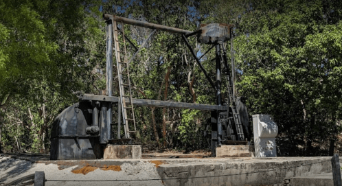 An old oil pump jack surrounded by greenery, showing signs of wear and neglect.