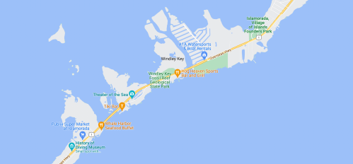 Map of Windy Key and surrounding areas in the Florida Keys, highlighting parks and attractions.