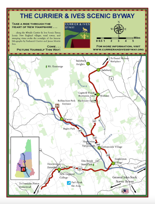 Map of the Currier & Ives Scenic Byway in New Hampshire, highlighting routes and points of interest.