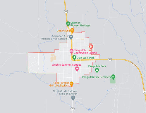 Map of Panguitch, Utah, highlighting key locations like parks, cabins, and restaurants.
