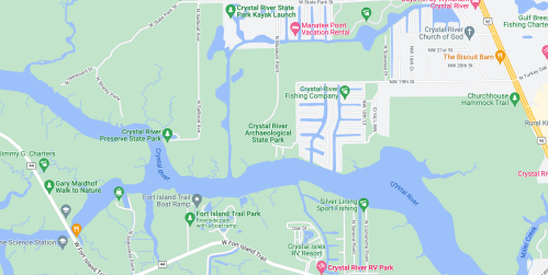 Map showing waterways, parks, and recreational areas around Crystal River, Florida, including trails and fishing spots.