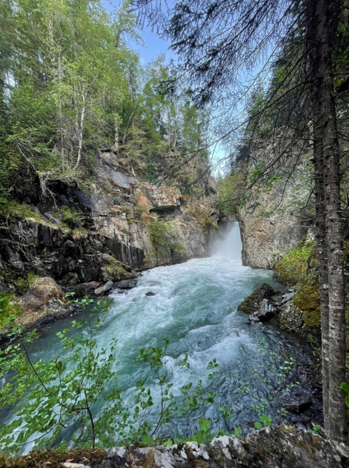 A rushing river flows through rocky terrain, surrounded by lush green trees and mist from a nearby waterfall.