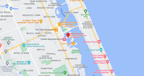 Map showing the location of Mama Foo Foo restaurant near the waterfront, with nearby landmarks and streets labeled.