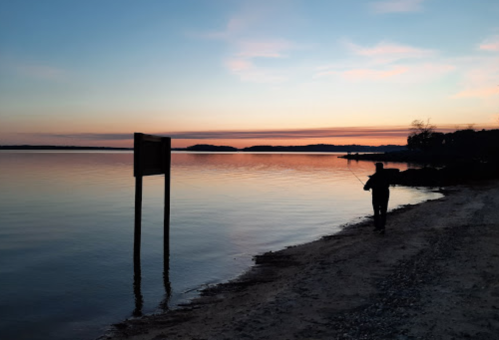 A person fishing by a calm lake at sunset, with vibrant colors reflecting on the water.