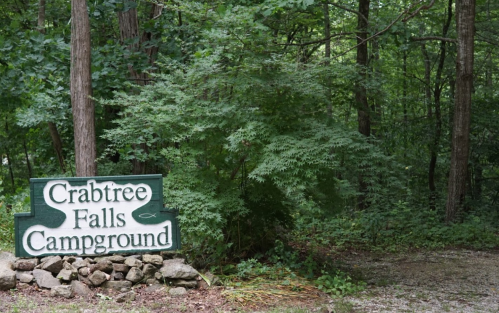 Sign for Crabtree Falls Campground surrounded by lush green trees and foliage.