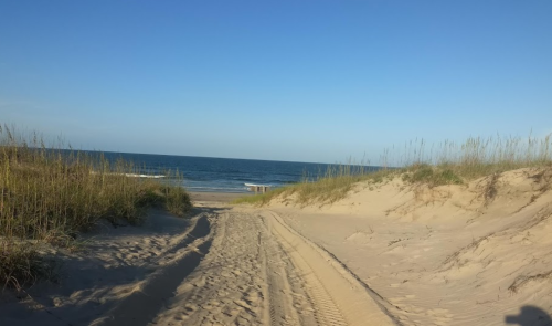 A sandy path leads to a calm beach with gentle waves under a clear blue sky. Tall grass flanks the sides.