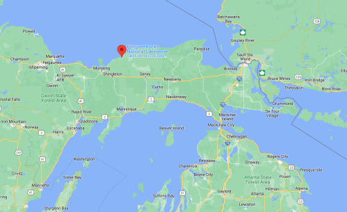 Map showing the location of Point Betsie Lighthouse in Michigan, near Lake Michigan, with surrounding areas highlighted.