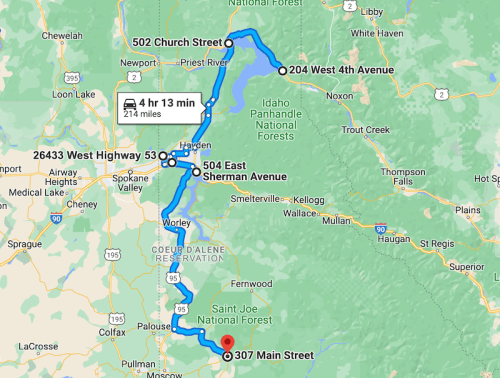 Map showing a route from 502 Church Street to 307 Main Street, with waypoints and estimated travel time.