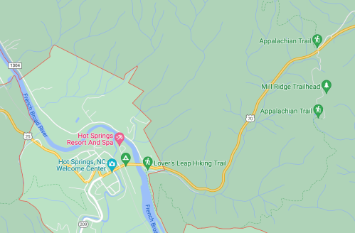 Map showing Hot Springs, NC, with nearby trails including the Appalachian Trail and Lover's Leap Hiking Trail.