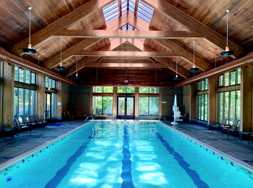 Indoor swimming pool with wooden beams, large windows, and lounge chairs along the sides, surrounded by greenery.
