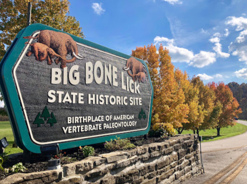 Sign for Big Bone Lick State Historic Site, featuring trees with autumn foliage in the background and a clear blue sky.