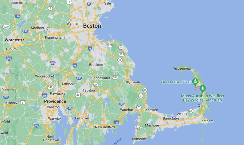 Map showing Boston and surrounding areas, including Cape Cod and the Great Island Trail.