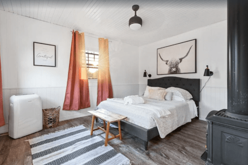 Cozy bedroom with a black bed, warm curtains, and a rustic decor featuring a bull print on the wall.