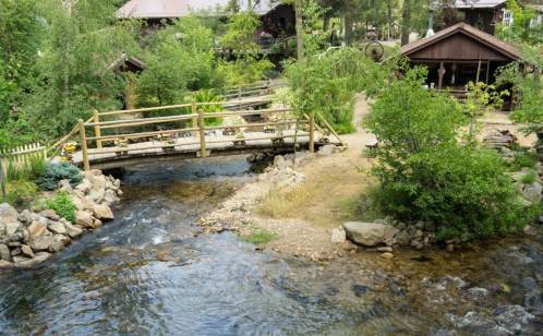 A serene landscape featuring a wooden bridge over a stream, surrounded by lush greenery and rustic buildings.