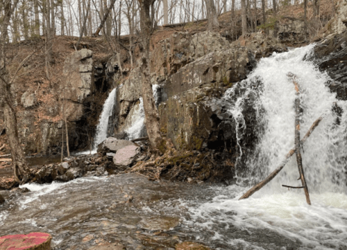 A serene scene of two waterfalls cascading over rocky terrain, surrounded by bare trees and flowing water.