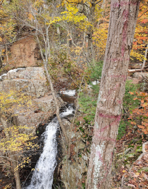 A waterfall cascades through rocky terrain, surrounded by autumn foliage and trees with colorful leaves.