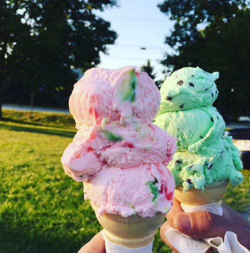 Two ice cream cones held in hands, one pink with green swirls and the other mint green with chocolate chips, against a grassy background.