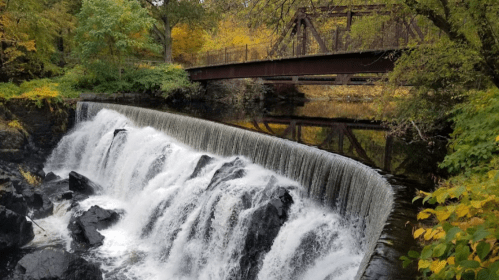 A serene waterfall cascades over rocks, with autumn foliage and a bridge in the background.