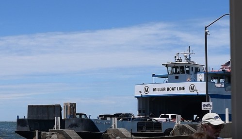 A ferry from Miller Boat Line docked at a pier under a clear blue sky, with vehicles waiting to board.