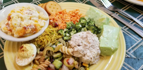 A colorful plate of various dishes including pasta salad, rice, broccoli, tuna salad, and a dessert.