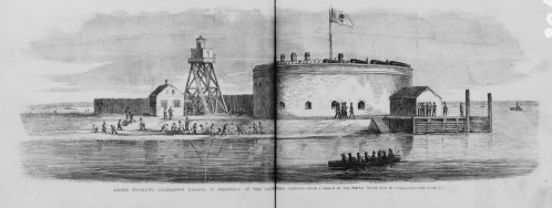 Illustration of Castle Pinckney, showing the fort, lighthouse, and boats in the surrounding water.