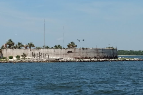 A weathered coastal fort surrounded by water, with palm trees and birds flying overhead under a clear blue sky.