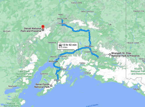 Map showing a route from Denali National Park to Wrangell-St. Elias National Park in Alaska, covering 675 miles.