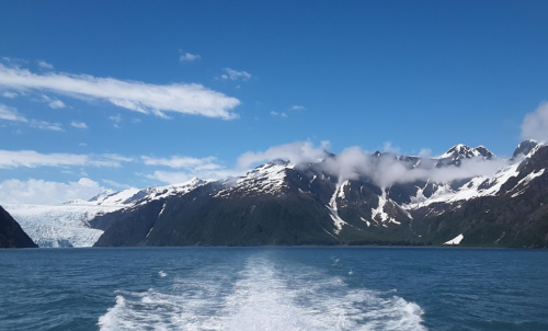 A scenic view of snow-capped mountains and a glacier, with a clear blue sky and calm water in the foreground.