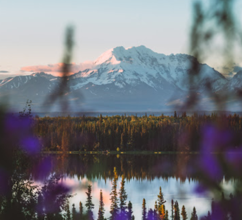 A serene mountain landscape with snow-capped peaks, lush forests, and a calm lake reflecting the scenery.