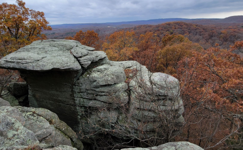 A rocky outcrop overlooks a forested valley with autumn foliage under a cloudy sky.