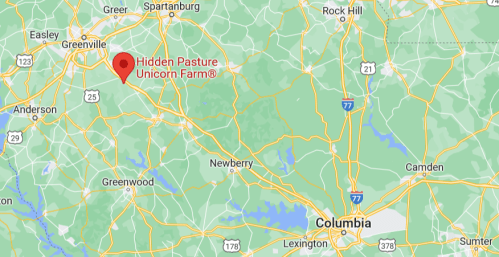 Map showing the location of Hidden Pasture Unicorn Farm® near Greenville and Columbia, South Carolina.