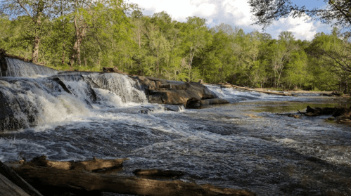 A serene river flows over rocky ledges, surrounded by lush green trees under a partly cloudy sky.