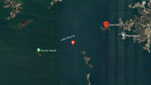 Map showing Lake Murray with labeled islands: Bomb Island, Goat Island, and Pine Island.