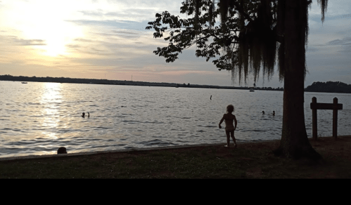 A sunset over a lake with children swimming and a child standing by a tree on the shore.