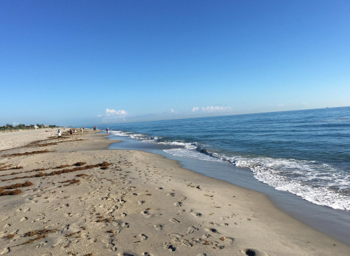 A serene beach scene with gentle waves, footprints in the sand, and a clear blue sky. People stroll along the shore.